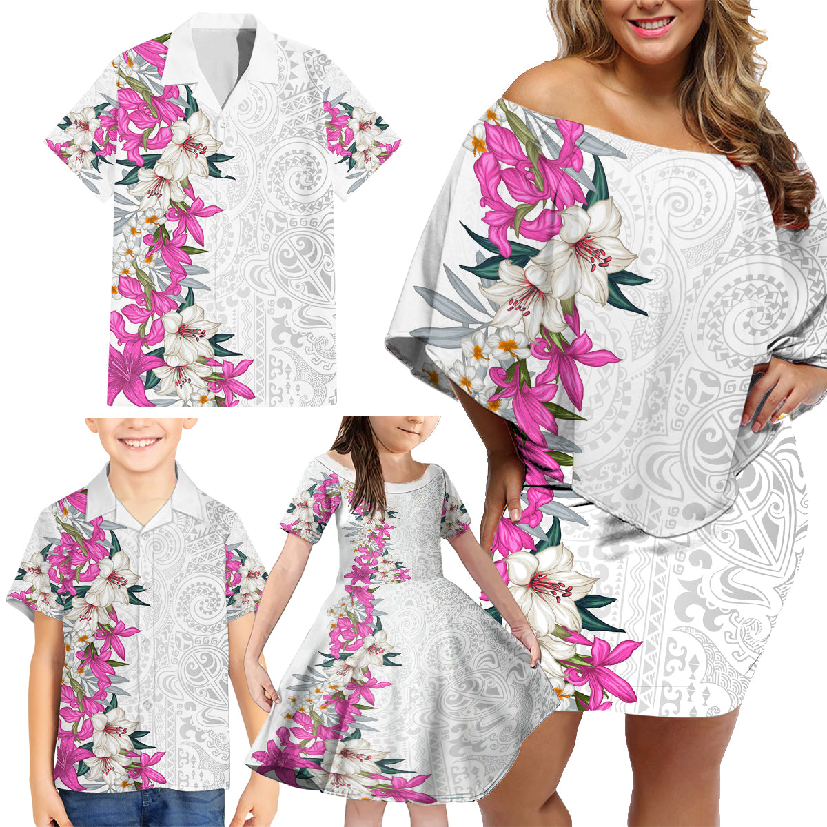 Hawaii Tropical Leaves and Flowers Family Matching Off Shoulder Short Dress and Hawaiian Shirt Tribal Polynesian Pattern White Style LT03 - Polynesian Pride