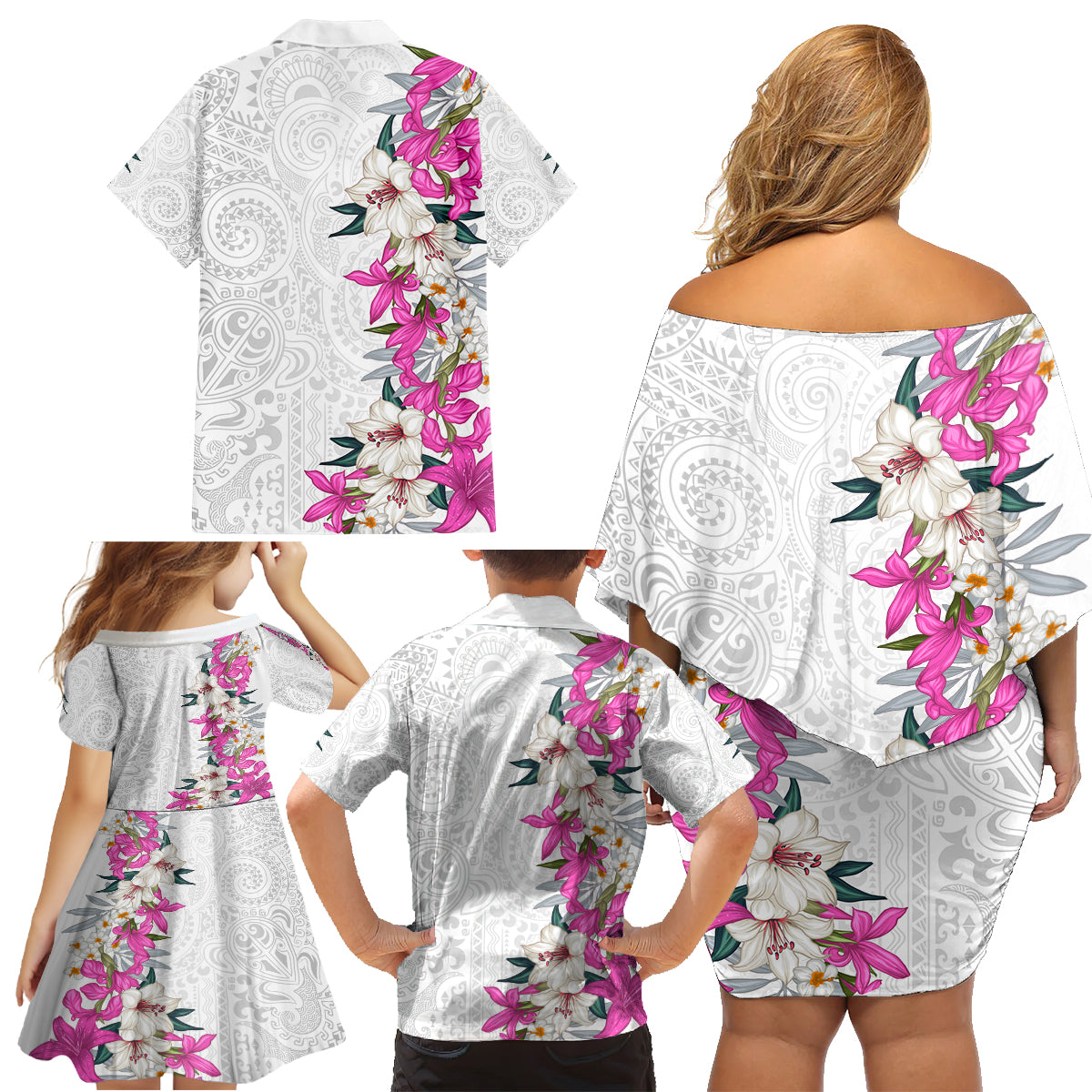 Hawaii Tropical Leaves and Flowers Family Matching Off Shoulder Short Dress and Hawaiian Shirt Tribal Polynesian Pattern White Style LT03 - Polynesian Pride