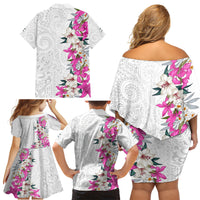 Hawaii Tropical Leaves and Flowers Family Matching Off Shoulder Short Dress and Hawaiian Shirt Tribal Polynesian Pattern White Style LT03 - Polynesian Pride