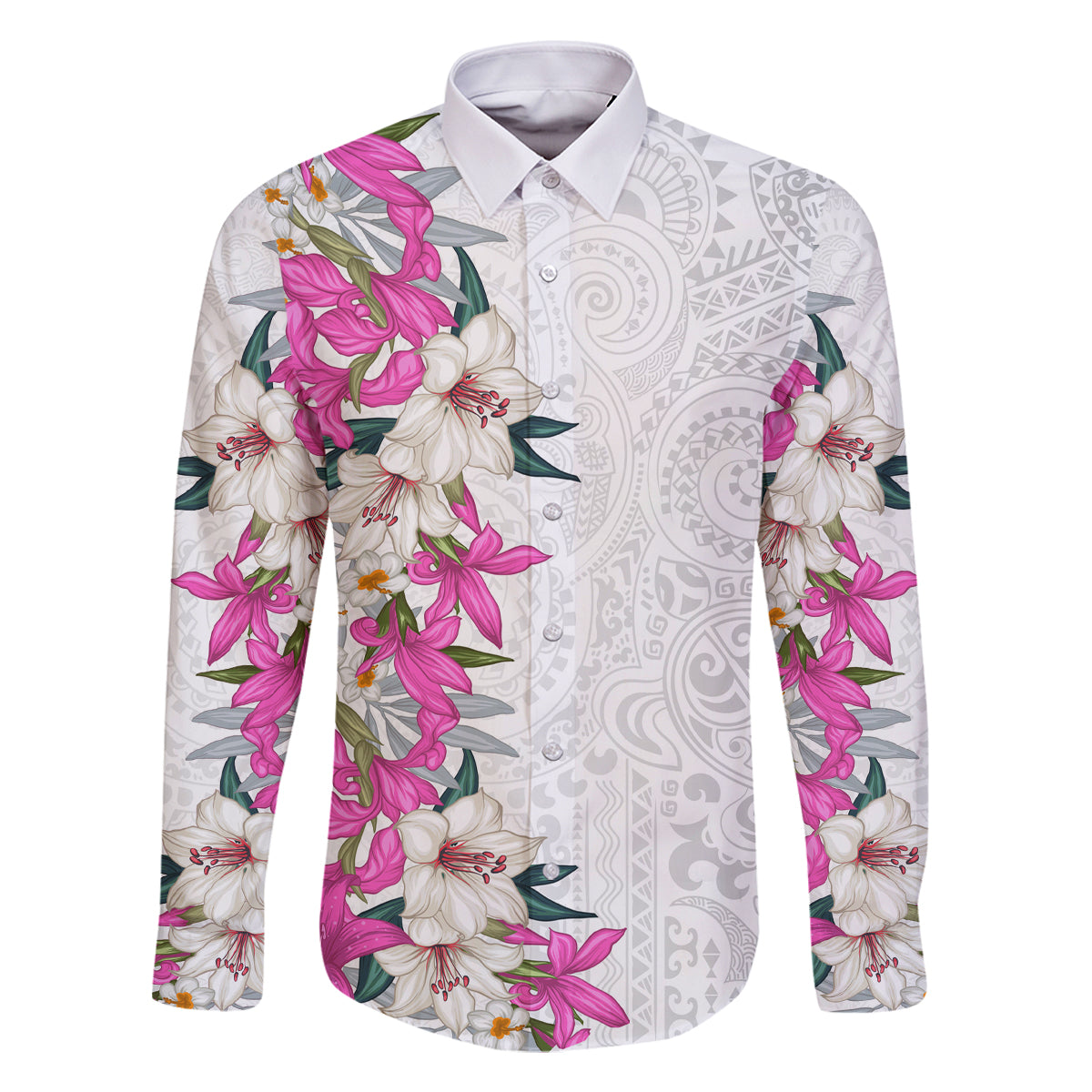 Hawaii Tropical Leaves and Flowers Family Matching Off Shoulder Short Dress and Hawaiian Shirt Tribal Polynesian Pattern White Style LT03 Dad's Shirt - Long Sleeve White - Polynesian Pride
