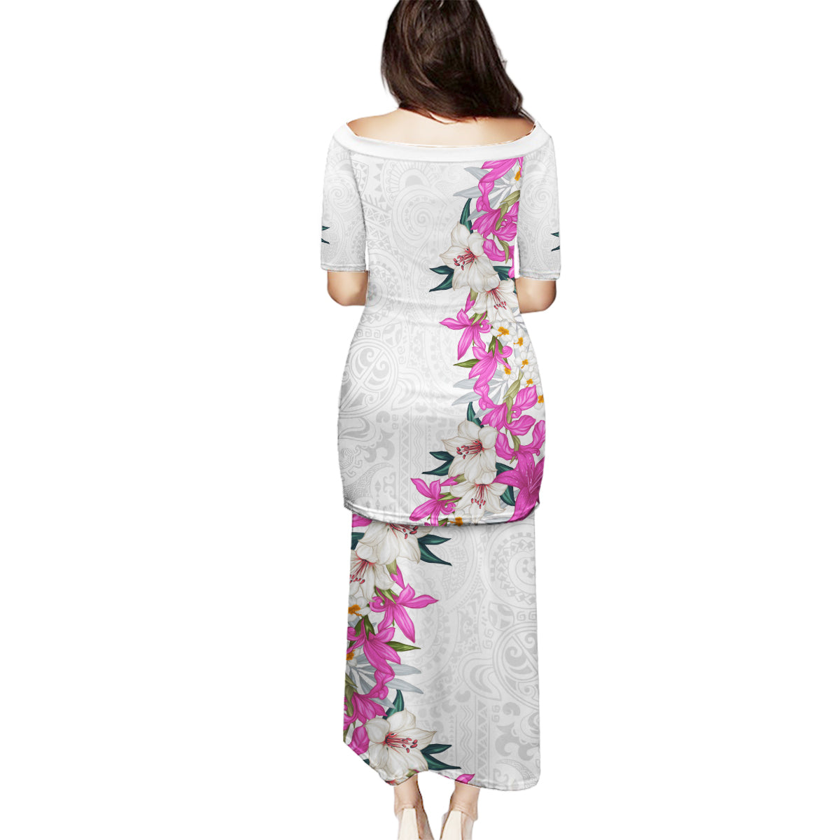 Hawaii Tropical Leaves and Flowers Family Matching Puletasi and Hawaiian Shirt Tribal Polynesian Pattern White Style
