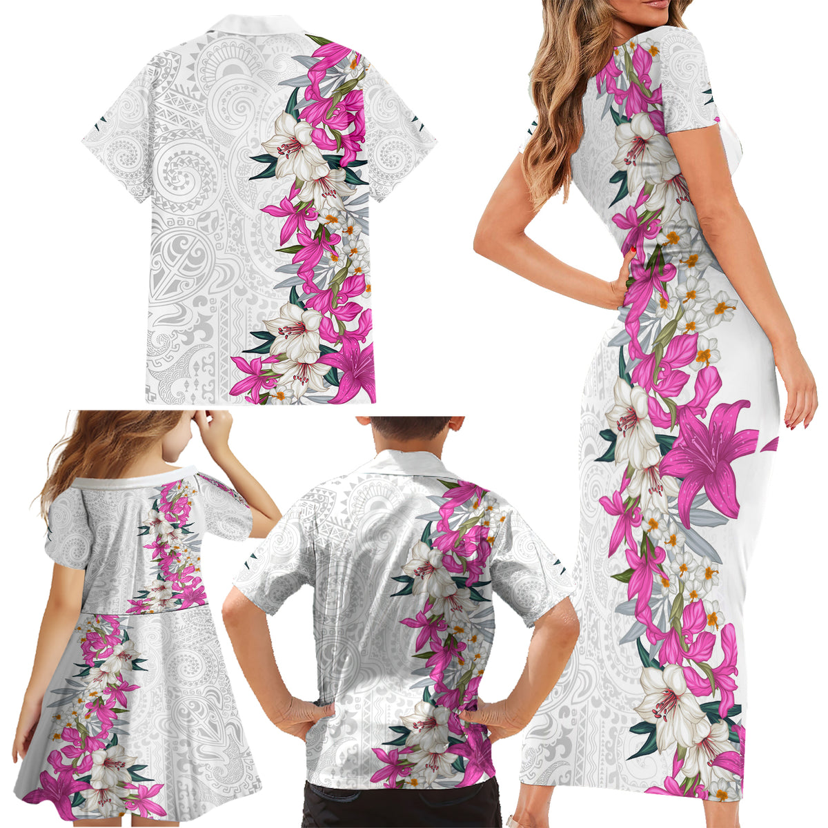 Hawaii Tropical Leaves and Flowers Family Matching Short Sleeve Bodycon Dress and Hawaiian Shirt Tribal Polynesian Pattern White Style LT03 - Polynesian Pride