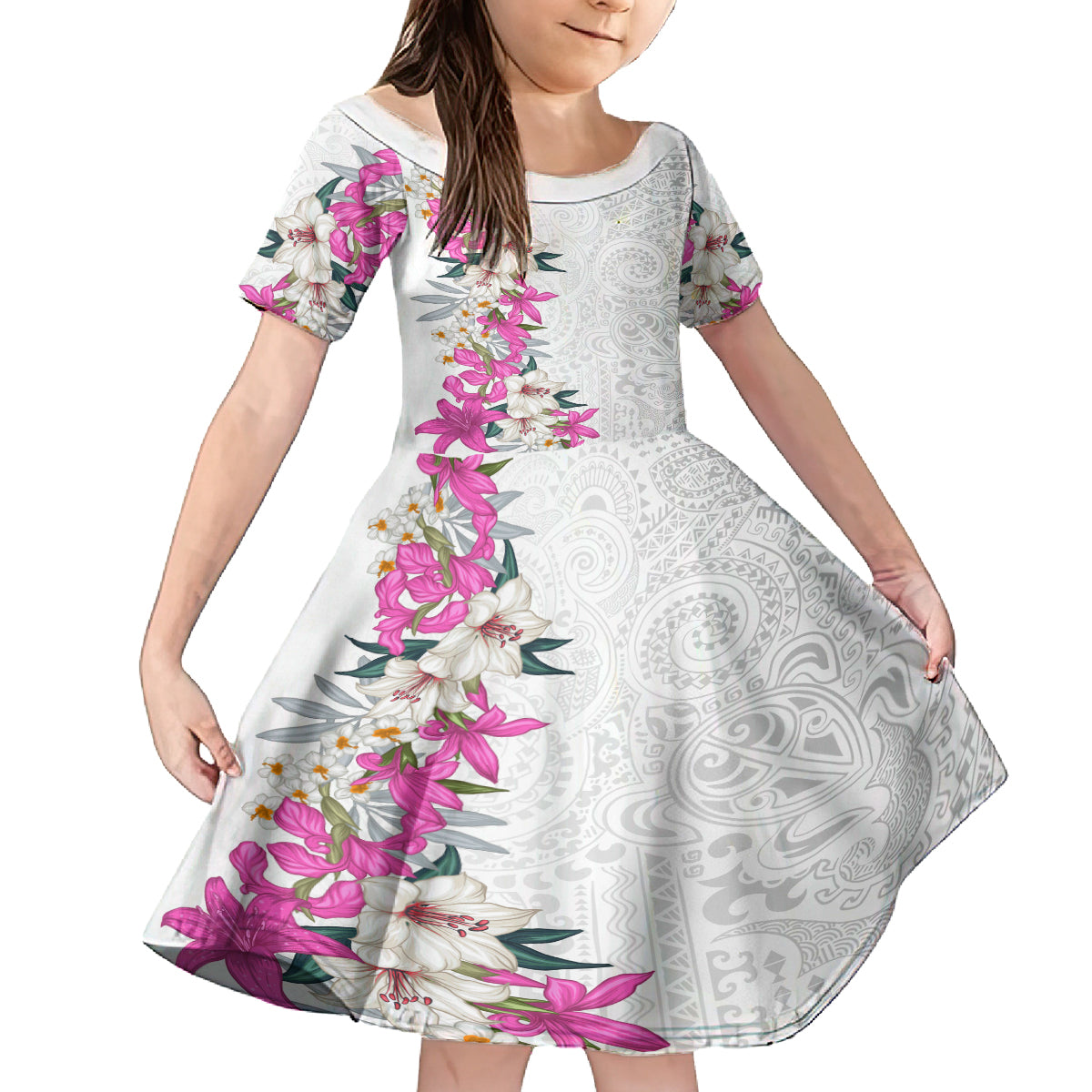 Hawaii Tropical Leaves and Flowers Family Matching Summer Maxi Dress and Hawaiian Shirt Tribal Polynesian Pattern White Style LT03 Daughter's Dress White - Polynesian Pride