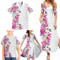 Hawaii Tropical Leaves and Flowers Family Matching Summer Maxi Dress and Hawaiian Shirt Tribal Polynesian Pattern White Style LT03 - Polynesian Pride