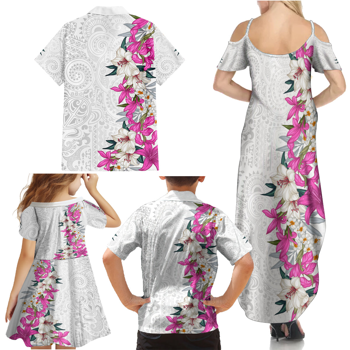 Hawaii Tropical Leaves and Flowers Family Matching Summer Maxi Dress and Hawaiian Shirt Tribal Polynesian Pattern White Style LT03 - Polynesian Pride