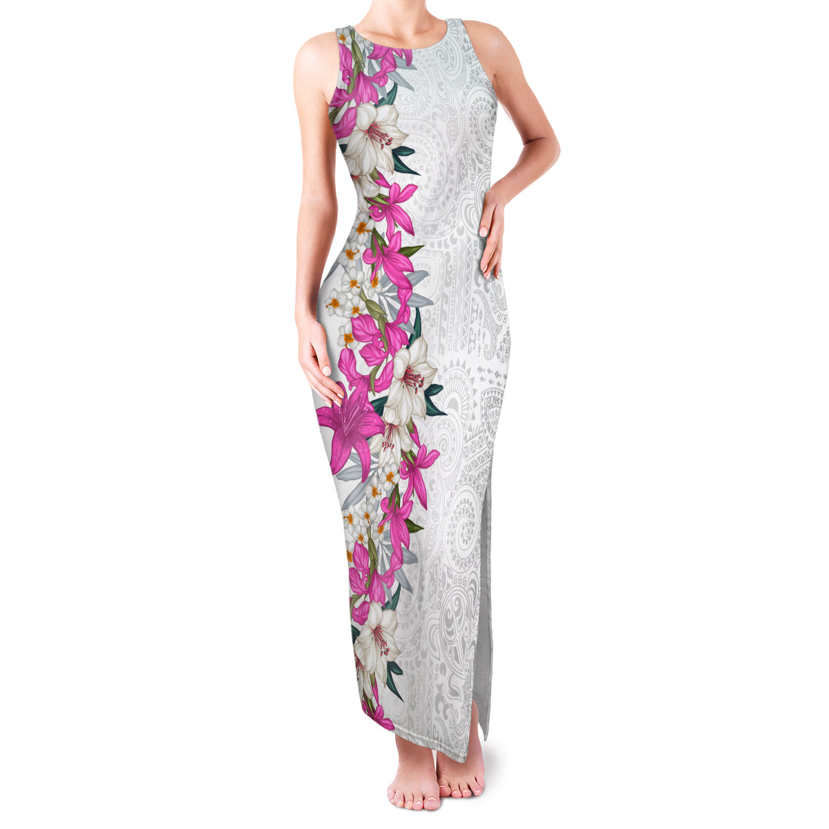 Hawaii Tropical Leaves and Flowers Family Matching Tank Maxi Dress and Hawaiian Shirt Tribal Polynesian Pattern White Style LT03 Mom's Dress White - Polynesian Pride