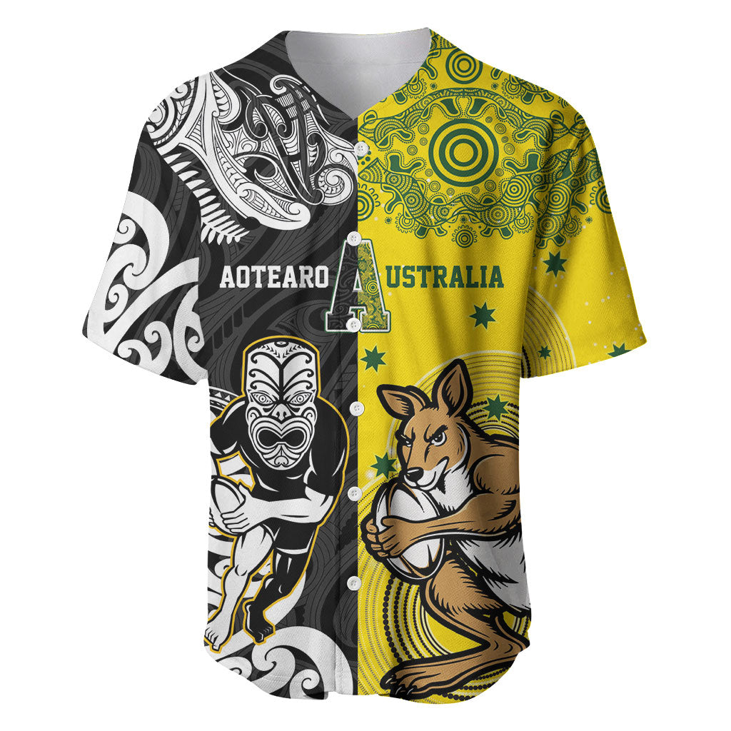Aotearoa New Zealand and Australia Rugby Personalized Baseball Jersey Maori Koru and Aboriginal Dot Art Cultural Heritage