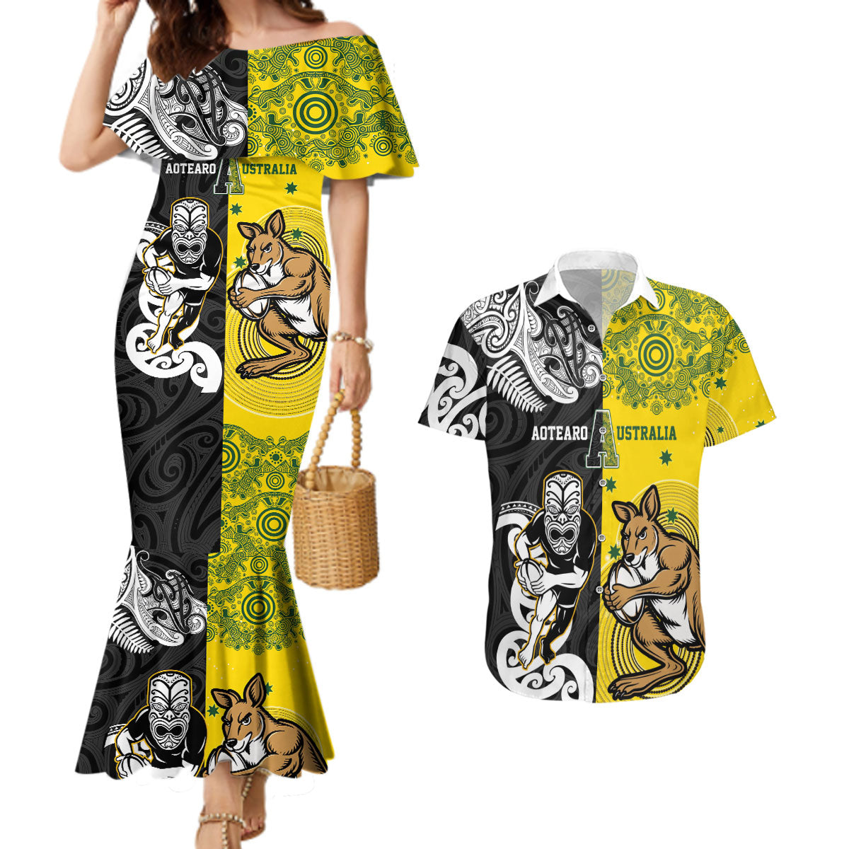 Aotearoa New Zealand and Australia Rugby Personalized Couples Matching Mermaid Dress and Hawaiian Shirt Maori Koru and Aboriginal Dot Art Cultural Heritage
