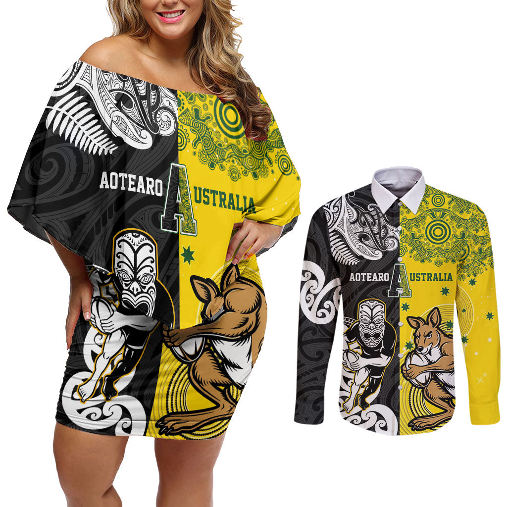 Aotearoa New Zealand and Australia Rugby Personalized Couples Matching Off Shoulder Short Dress and Long Sleeve Button Shirt Maori Koru and Aboriginal Dot Art Cultural Heritage