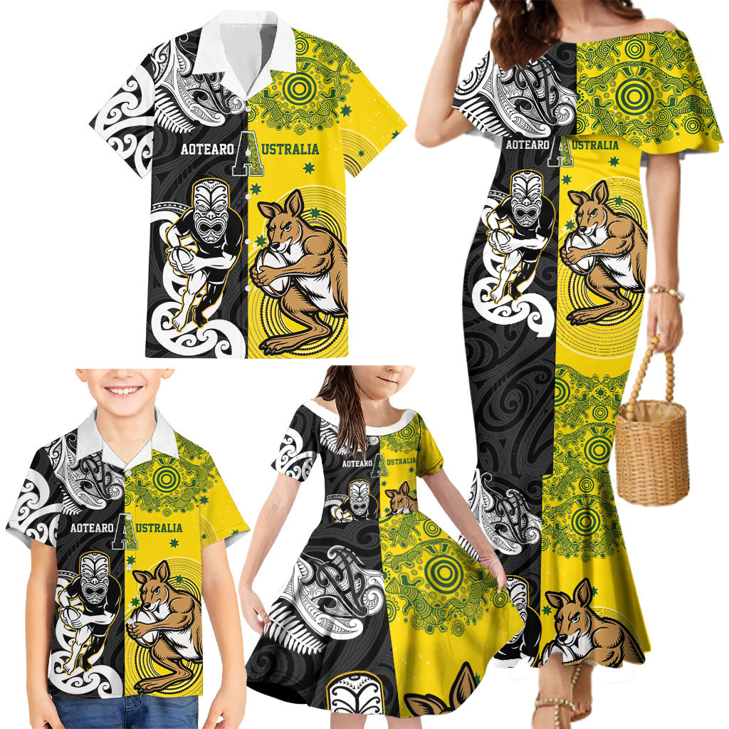 Aotearoa New Zealand and Australia Rugby Personalized Family Matching Mermaid Dress and Hawaiian Shirt Maori Koru and Aboriginal Dot Art Cultural Heritage