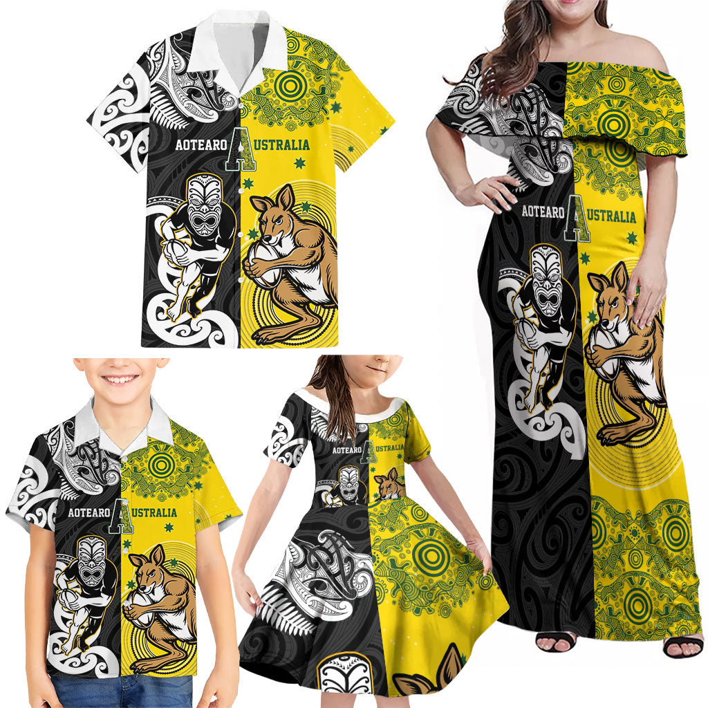 Aotearoa New Zealand and Australia Rugby Personalized Family Matching Off Shoulder Maxi Dress and Hawaiian Shirt Maori Koru and Aboriginal Dot Art Cultural Heritage