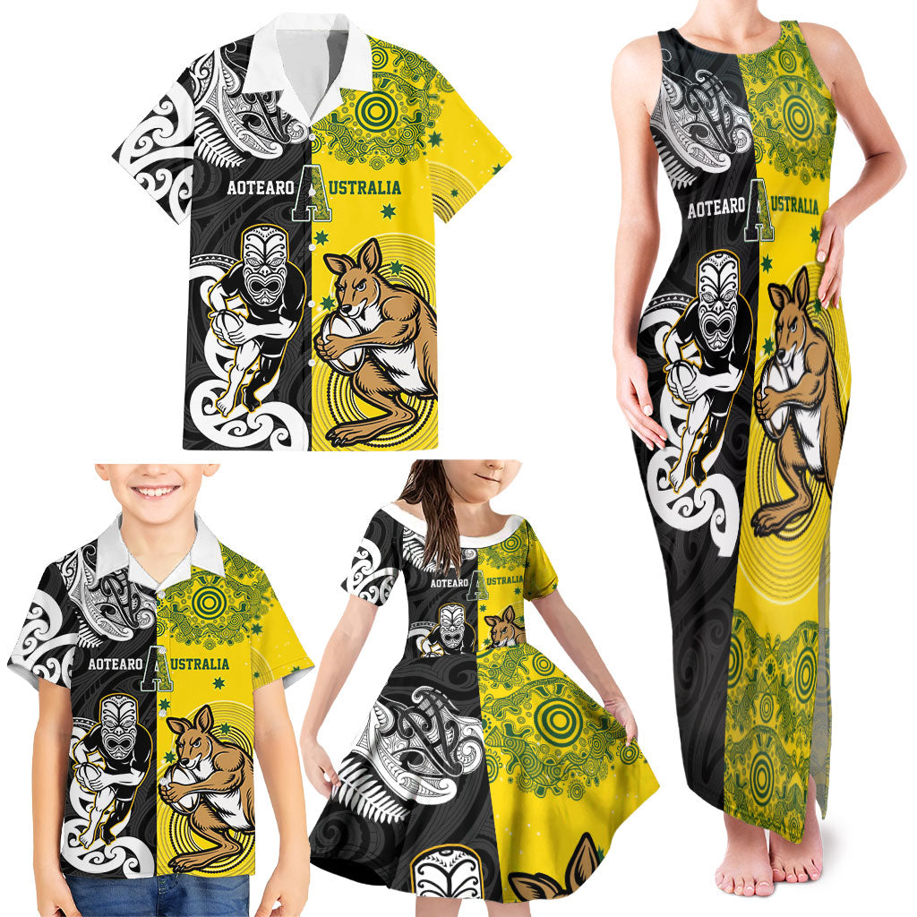 Aotearoa New Zealand and Australia Rugby Personalized Family Matching Tank Maxi Dress and Hawaiian Shirt Maori Koru and Aboriginal Dot Art Cultural Heritage