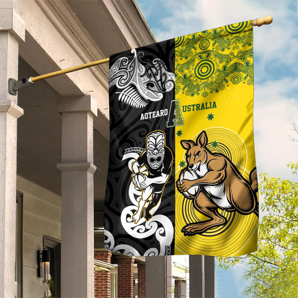 Aotearoa New Zealand and Australia Rugby Garden Flag Maori Koru and Aboriginal Dot Art Cultural Heritage
