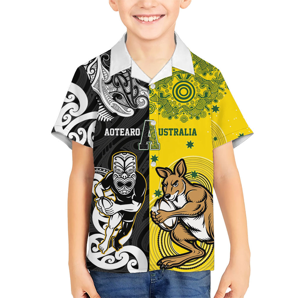 Aotearoa New Zealand and Australia Rugby Personalized Kid Hawaiian Shirt Maori Koru and Aboriginal Dot Art Cultural Heritage
