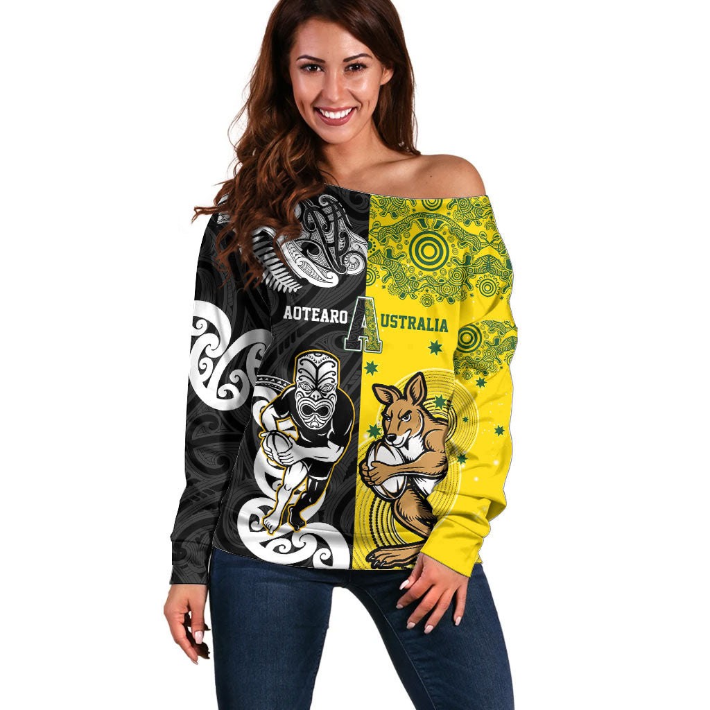 Aotearoa New Zealand and Australia Rugby Personalized Off Shoulder Sweater Maori Koru and Aboriginal Dot Art Cultural Heritage
