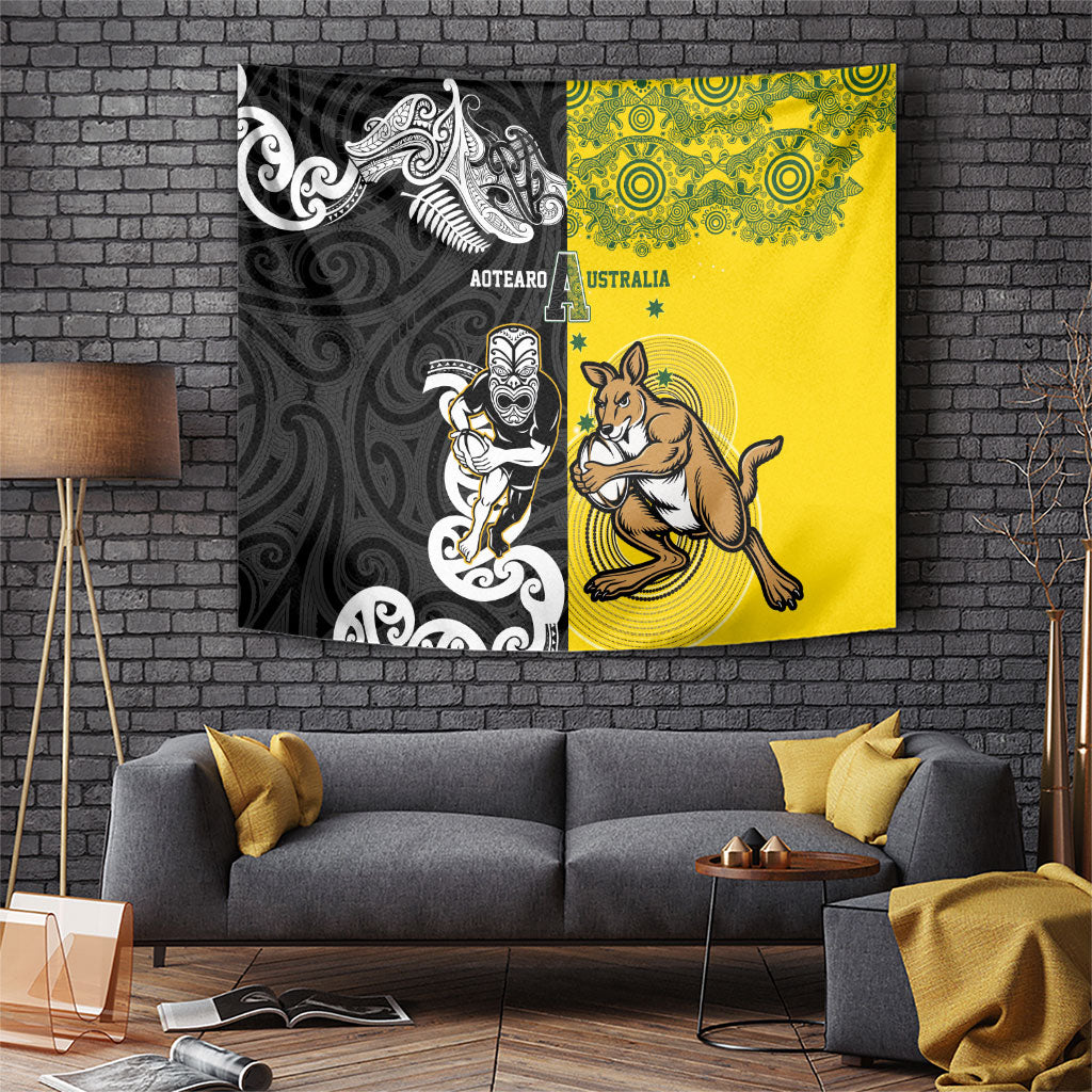 Aotearoa New Zealand and Australia Rugby Tapestry Maori Koru and Aboriginal Dot Art Cultural Heritage
