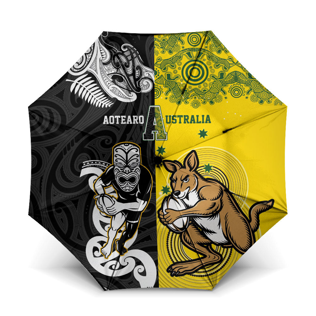 Aotearoa New Zealand and Australia Rugby Umbrella Maori Koru and Aboriginal Dot Art Cultural Heritage