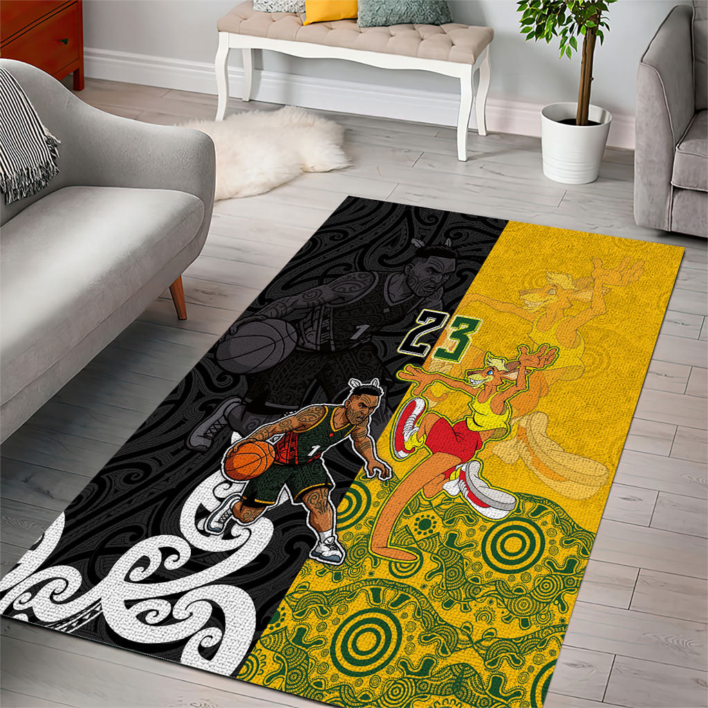 Aotearoa New Zealand And Australia Basketball Custom Area Rug Maori Tribal Tattoo And Aboriginal Dot Art Heritage LT03 - Polynesian Pride