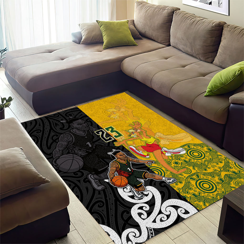 Aotearoa New Zealand And Australia Basketball Custom Area Rug Maori Tribal Tattoo And Aboriginal Dot Art Heritage LT03 - Polynesian Pride