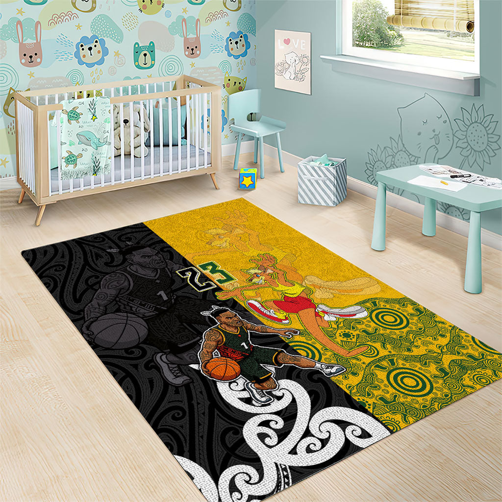 Aotearoa New Zealand And Australia Basketball Custom Area Rug Maori Tribal Tattoo And Aboriginal Dot Art Heritage LT03 - Polynesian Pride