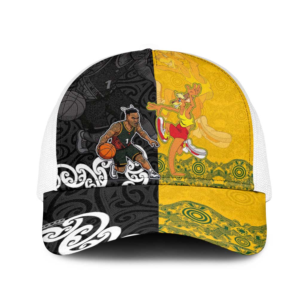 Aotearoa New Zealand And Australia Basketball Baseball Net Cap Maori Tribal Tattoo And Aboriginal Dot Art Heritage LT03 One Size White Multicolor - Polynesian Pride