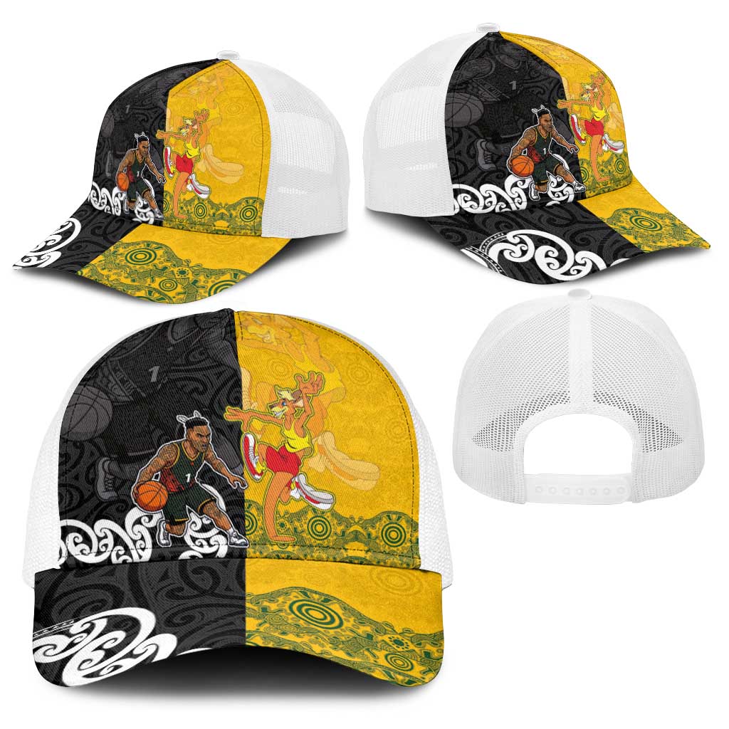 Aotearoa New Zealand And Australia Basketball Baseball Net Cap Maori Tribal Tattoo And Aboriginal Dot Art Heritage LT03 - Polynesian Pride