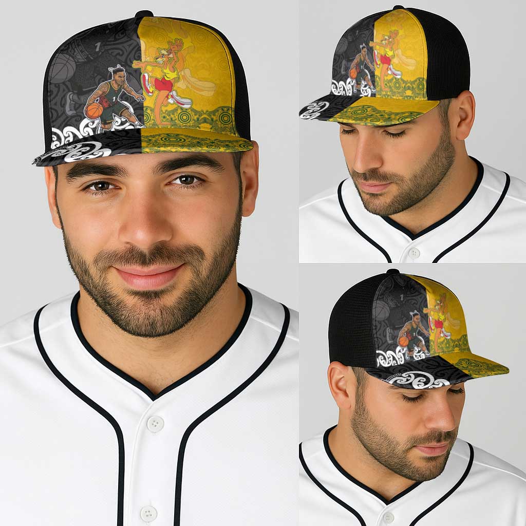 Aotearoa New Zealand And Australia Basketball Baseball Net Cap Maori Tribal Tattoo And Aboriginal Dot Art Heritage LT03 - Polynesian Pride