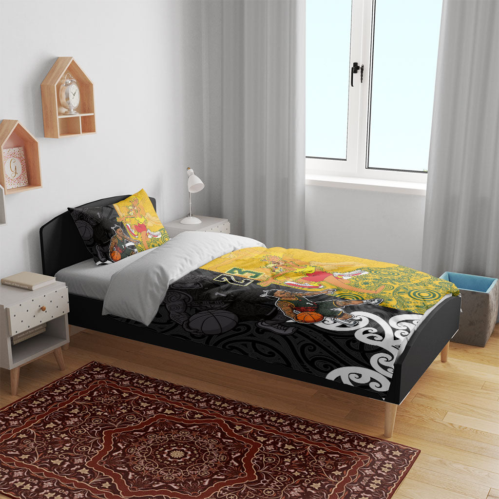 Aotearoa New Zealand And Australia Basketball Custom Bedding Set Maori Tribal Tattoo And Aboriginal Dot Art Heritage