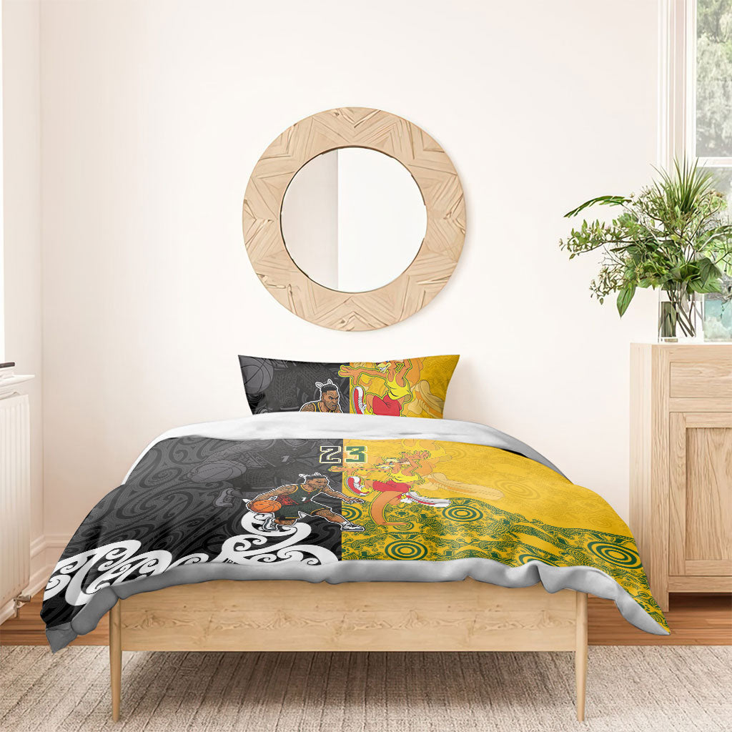 Aotearoa New Zealand And Australia Basketball Custom Bedding Set Maori Tribal Tattoo And Aboriginal Dot Art Heritage