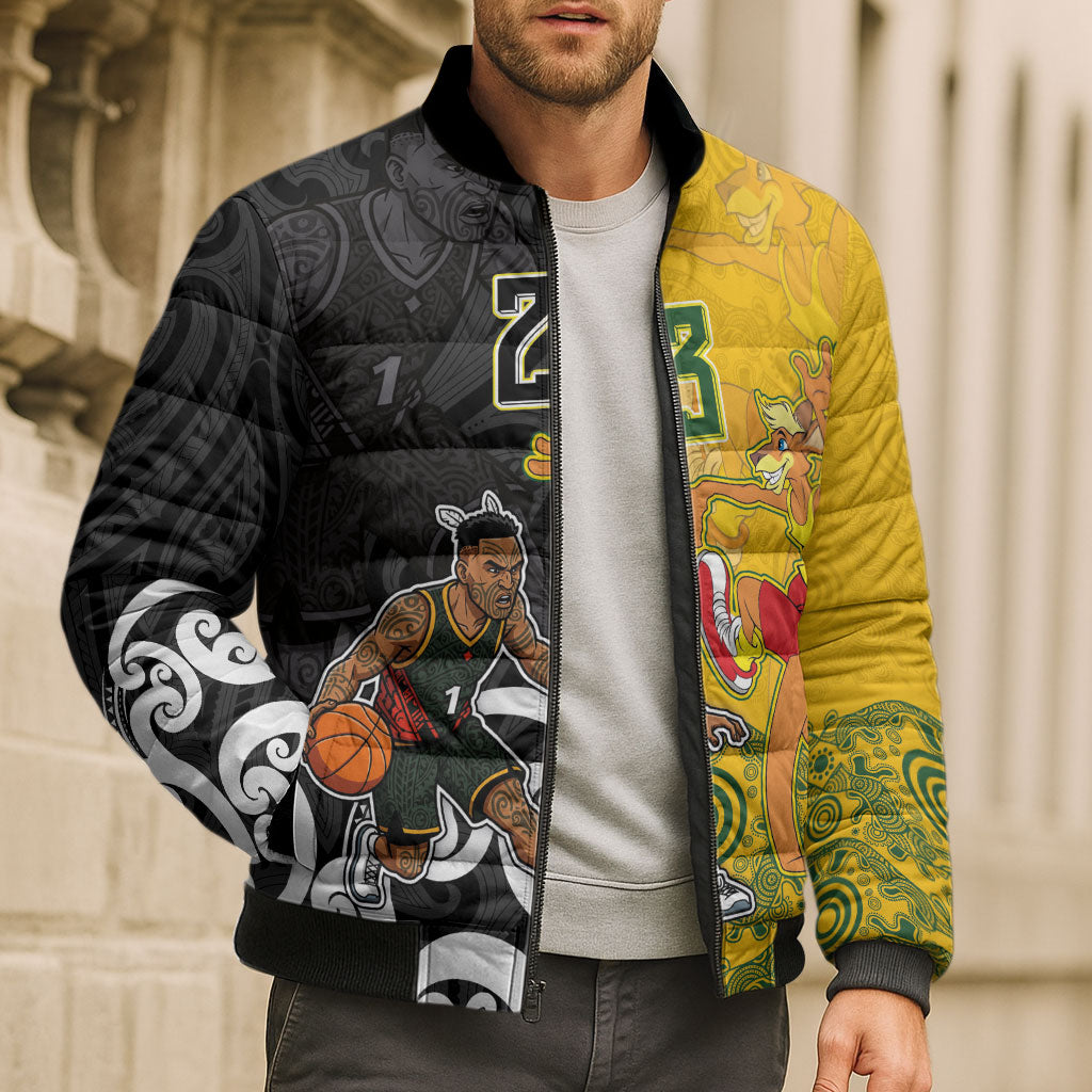 Aotearoa New Zealand And Australia Basketball Custom Bomber Puffer Jacket Maori Tribal Tattoo And Aboriginal Dot Art Heritage