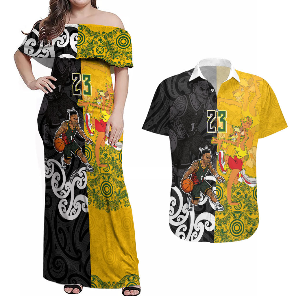Aotearoa New Zealand And Australia Basketball Custom Couples Matching Off Shoulder Maxi Dress and Hawaiian Shirt Maori Tribal Tattoo And Aboriginal Dot Art Heritage LT03 Multicolor - Polynesian Pride