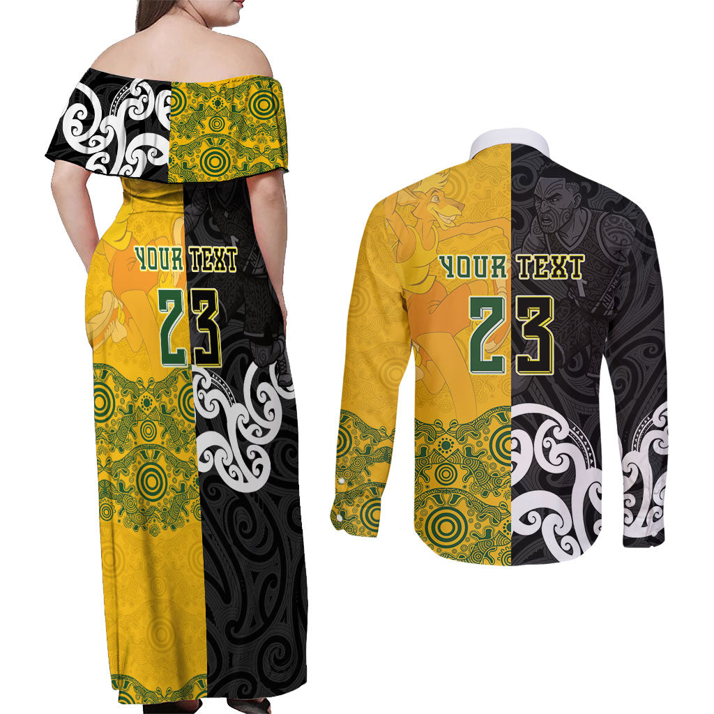 Aotearoa New Zealand And Australia Basketball Custom Couples Matching Off Shoulder Maxi Dress and Long Sleeve Button Shirt Maori Tribal Tattoo And Aboriginal Dot Art Heritage LT03 - Polynesian Pride