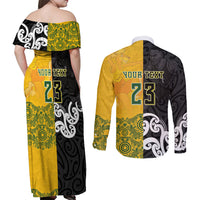 Aotearoa New Zealand And Australia Basketball Custom Couples Matching Off Shoulder Maxi Dress and Long Sleeve Button Shirt Maori Tribal Tattoo And Aboriginal Dot Art Heritage LT03 - Polynesian Pride