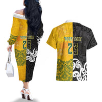 Aotearoa New Zealand And Australia Basketball Custom Couples Matching Off The Shoulder Long Sleeve Dress and Hawaiian Shirt Maori Tribal Tattoo And Aboriginal Dot Art Heritage LT03 - Polynesian Pride