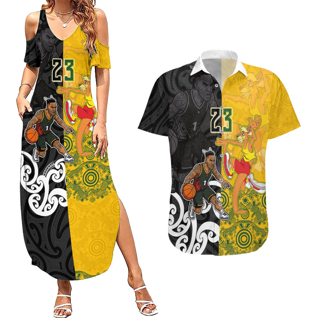 Aotearoa New Zealand And Australia Basketball Custom Couples Matching Summer Maxi Dress and Hawaiian Shirt Maori Tribal Tattoo And Aboriginal Dot Art Heritage