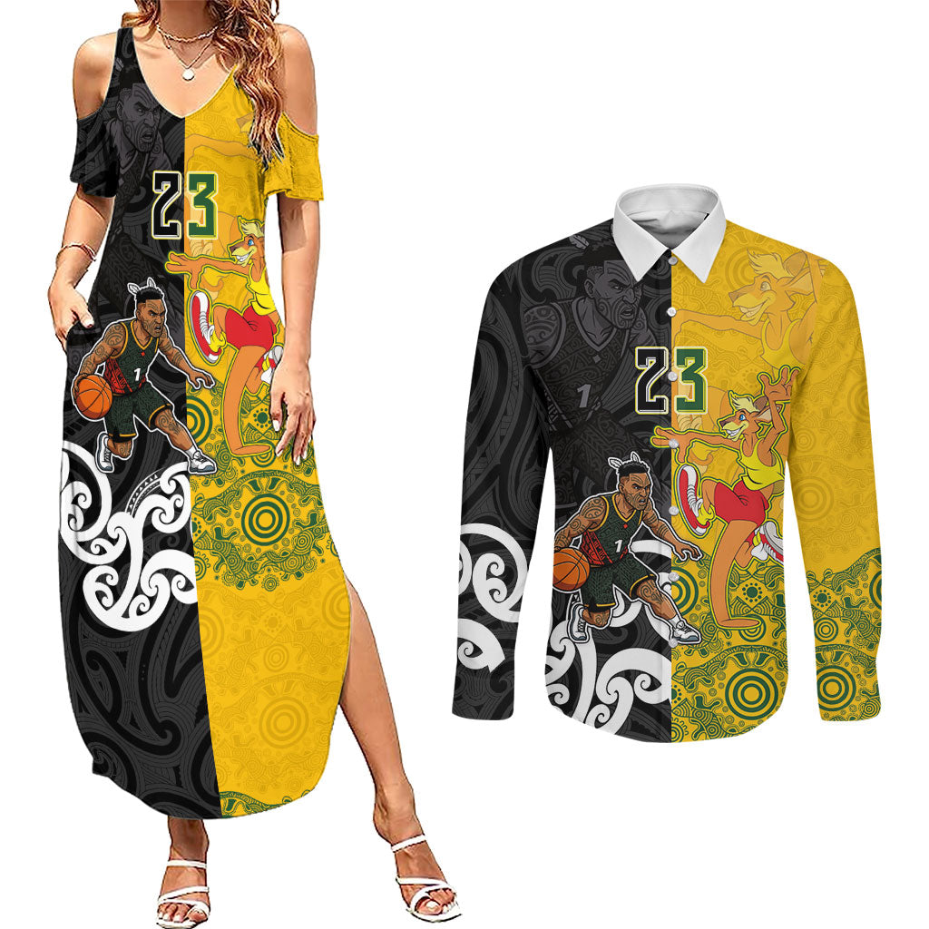 Aotearoa New Zealand And Australia Basketball Custom Couples Matching Summer Maxi Dress and Long Sleeve Button Shirt Maori Tribal Tattoo And Aboriginal Dot Art Heritage LT03 Multicolor - Polynesian Pride