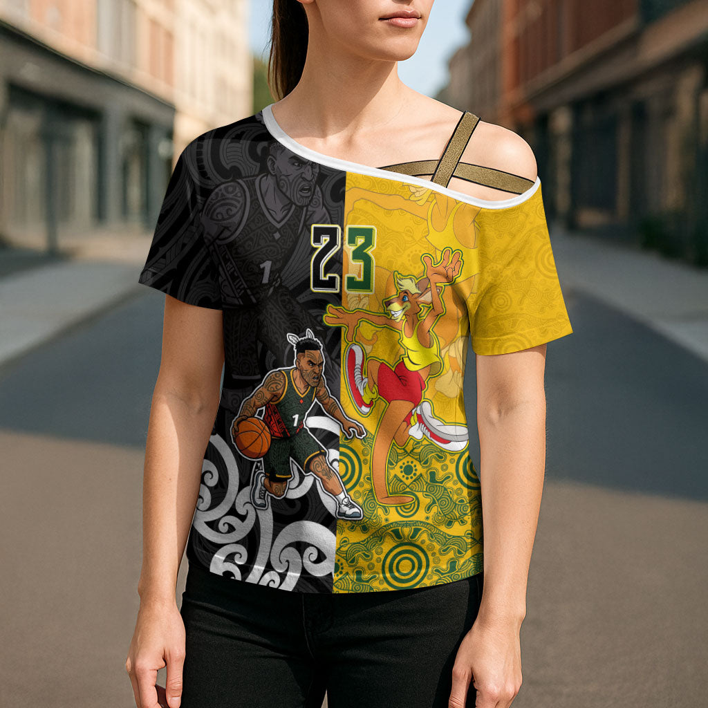 Aotearoa New Zealand And Australia Basketball Custom Cross Shoulder Shirt Maori Tribal Tattoo And Aboriginal Dot Art Heritage LT03 - Polynesian Pride