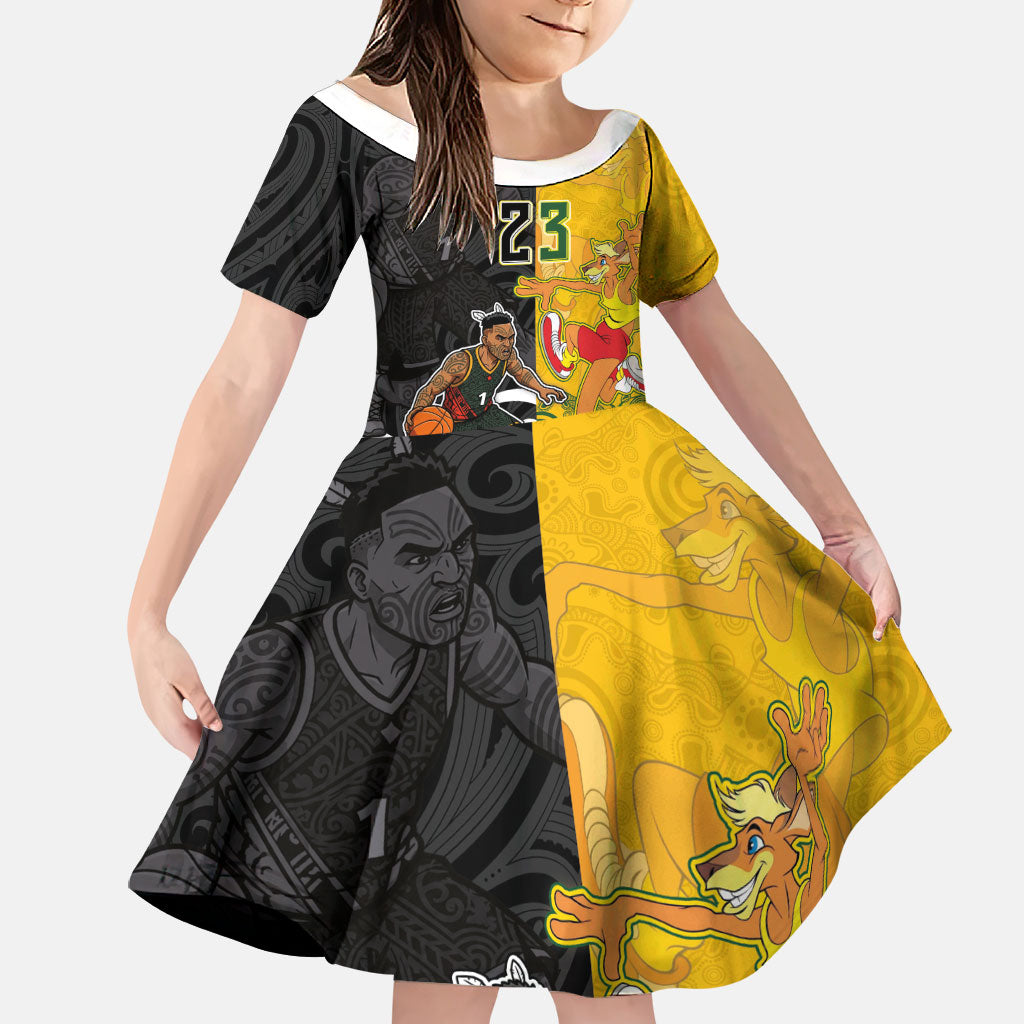 Aotearoa New Zealand And Australia Basketball Custom Family Matching Long Sleeve Bodycon Dress and Hawaiian Shirt Maori Tribal Tattoo And Aboriginal Dot Art Heritage LT03 Daughter's Dress Multicolor - Polynesian Pride