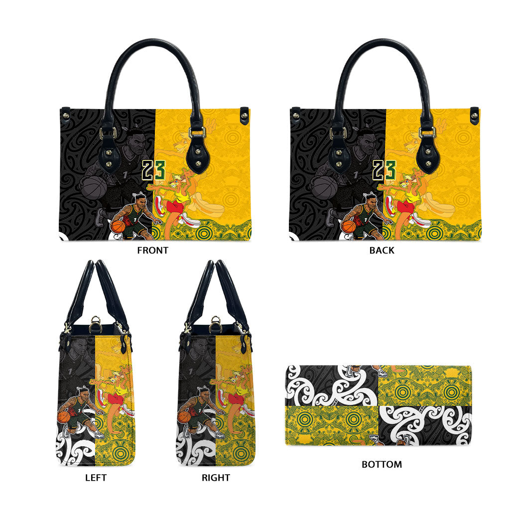 Aotearoa New Zealand And Australia Basketball Custom Leather Bag Maori Tribal Tattoo And Aboriginal Dot Art Heritage LT03 - Polynesian Pride