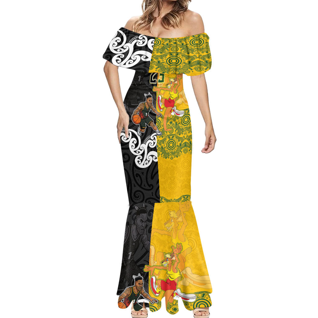 Aotearoa New Zealand And Australia Basketball Custom Mermaid Dress Maori Tribal Tattoo And Aboriginal Dot Art Heritage LT03 - Polynesian Pride