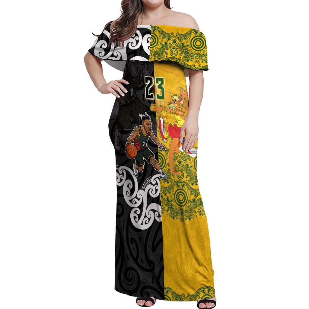 Aotearoa New Zealand And Australia Basketball Custom Off Shoulder Maxi Dress Maori Tribal Tattoo And Aboriginal Dot Art Heritage LT03 Women Multicolor - Polynesian Pride