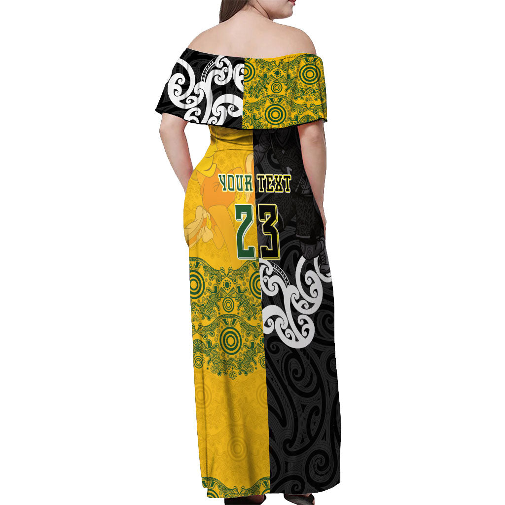 Aotearoa New Zealand And Australia Basketball Custom Off Shoulder Maxi Dress Maori Tribal Tattoo And Aboriginal Dot Art Heritage LT03 - Polynesian Pride