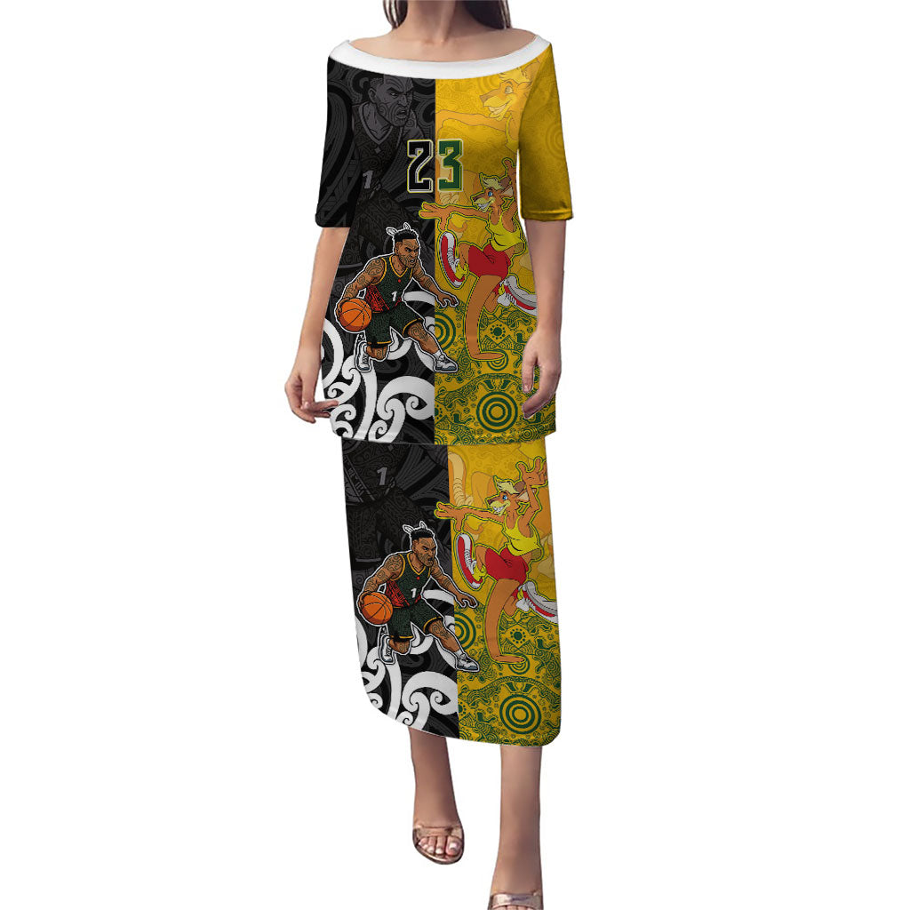 Aotearoa New Zealand And Australia Basketball Custom Puletasi Maori Tribal Tattoo And Aboriginal Dot Art Heritage LT03 Long Dress Multicolor - Polynesian Pride