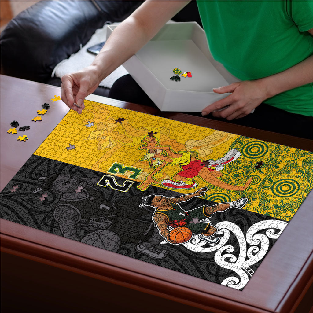 Aotearoa New Zealand And Australia Basketball Custom Puzzle Maori Tribal Tattoo And Aboriginal Dot Art Heritage LT03 - Polynesian Pride