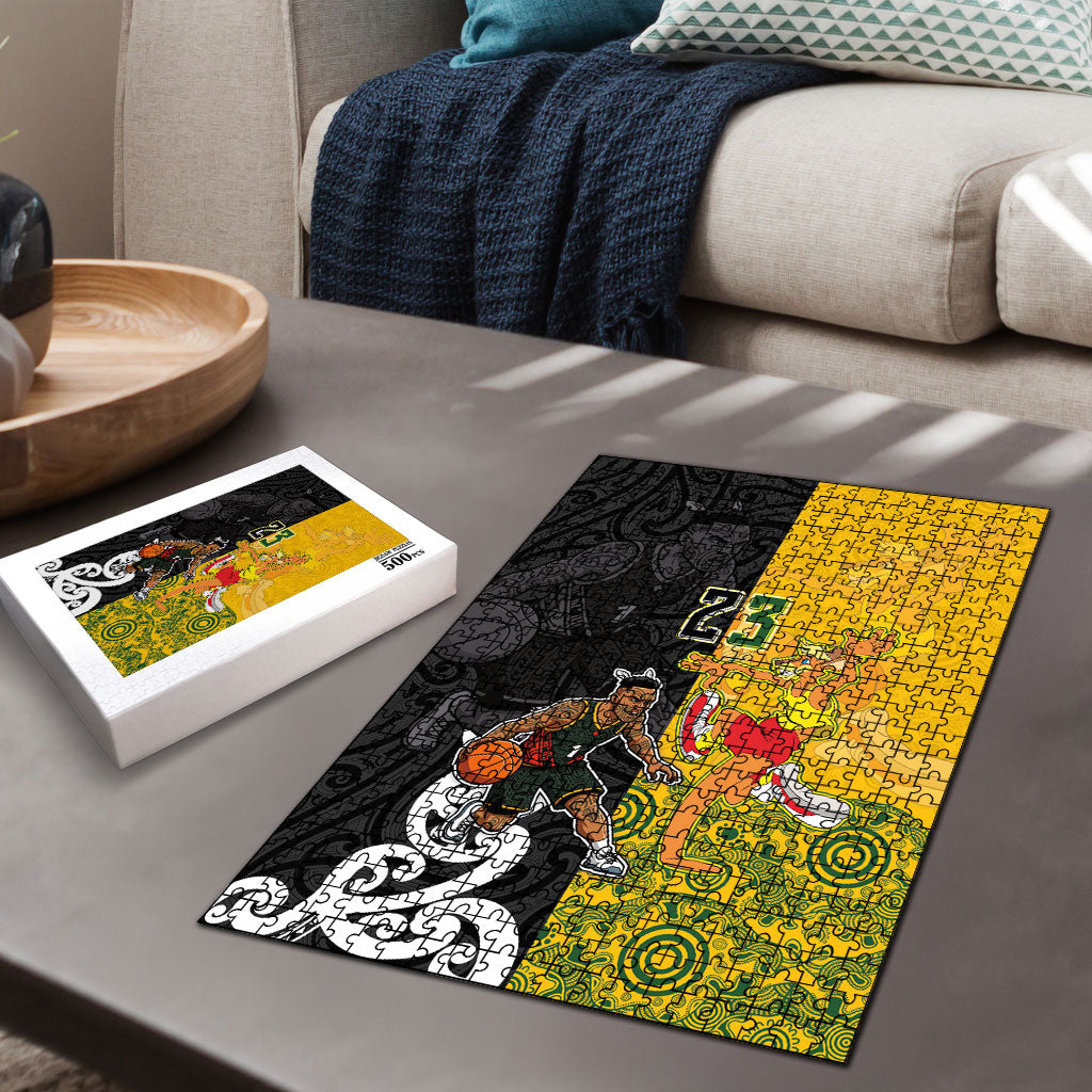 Aotearoa New Zealand And Australia Basketball Custom Puzzle Maori Tribal Tattoo And Aboriginal Dot Art Heritage LT03 - Polynesian Pride