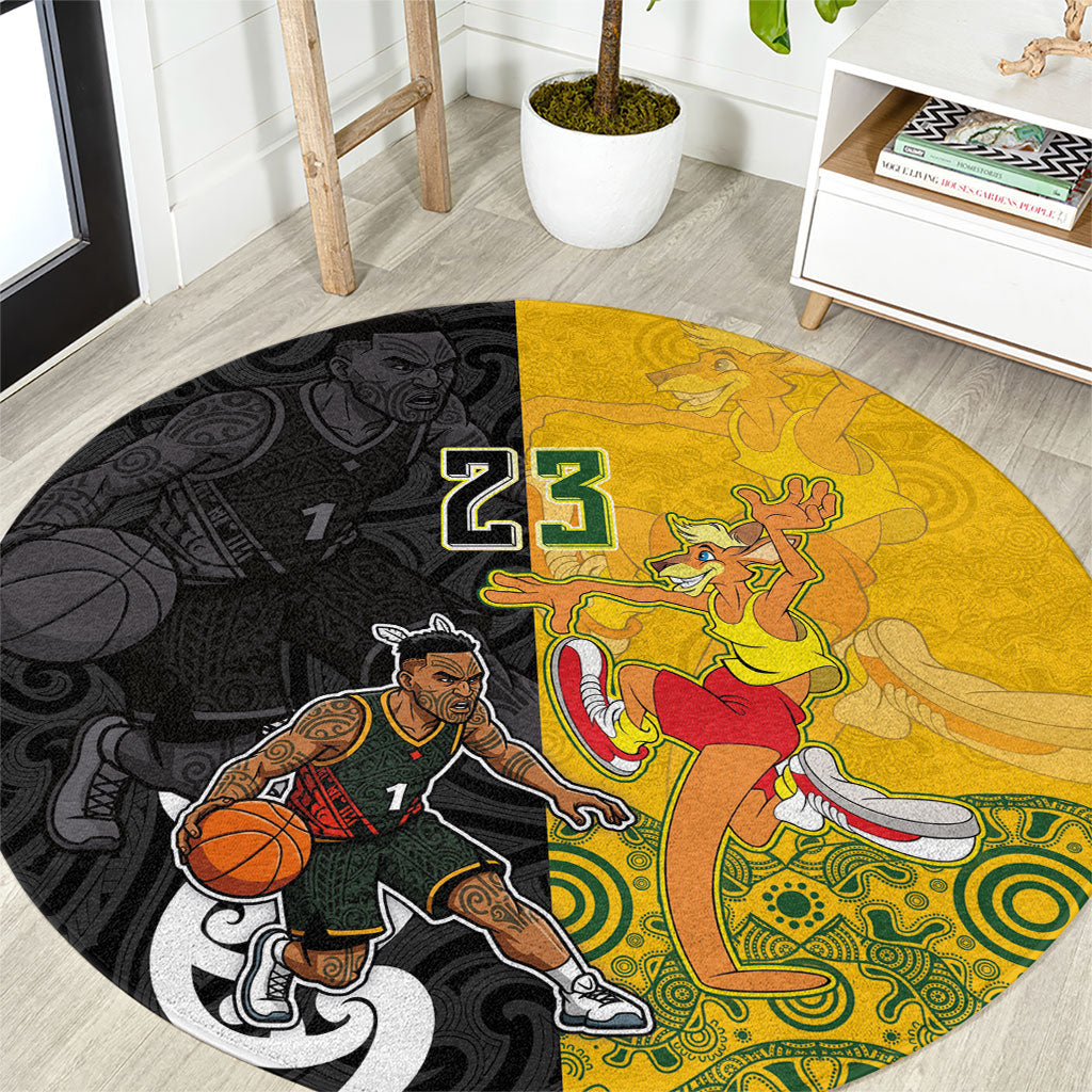 Aotearoa New Zealand And Australia Basketball Custom Round Carpet Maori Tribal Tattoo And Aboriginal Dot Art Heritage LT03 Multicolor - Polynesian Pride
