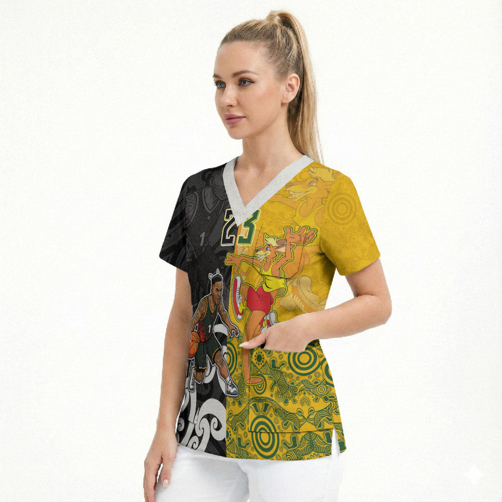 Aotearoa New Zealand And Australia Basketball Custom Scrub Top Maori Tribal Tattoo And Aboriginal Dot Art Heritage LT03 - Polynesian Pride