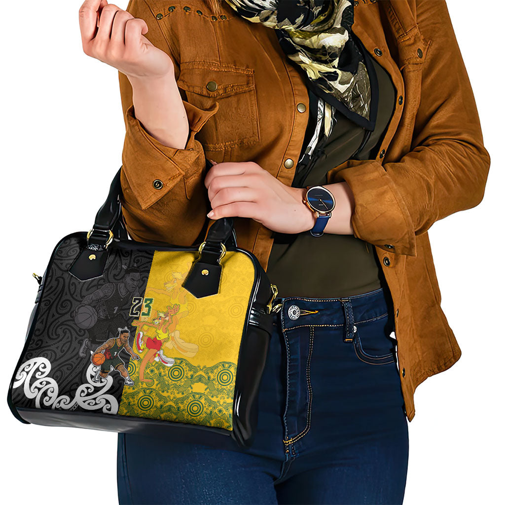 Aotearoa New Zealand And Australia Basketball Custom Shoulder Handbag Maori Tribal Tattoo And Aboriginal Dot Art Heritage LT03 - Polynesian Pride