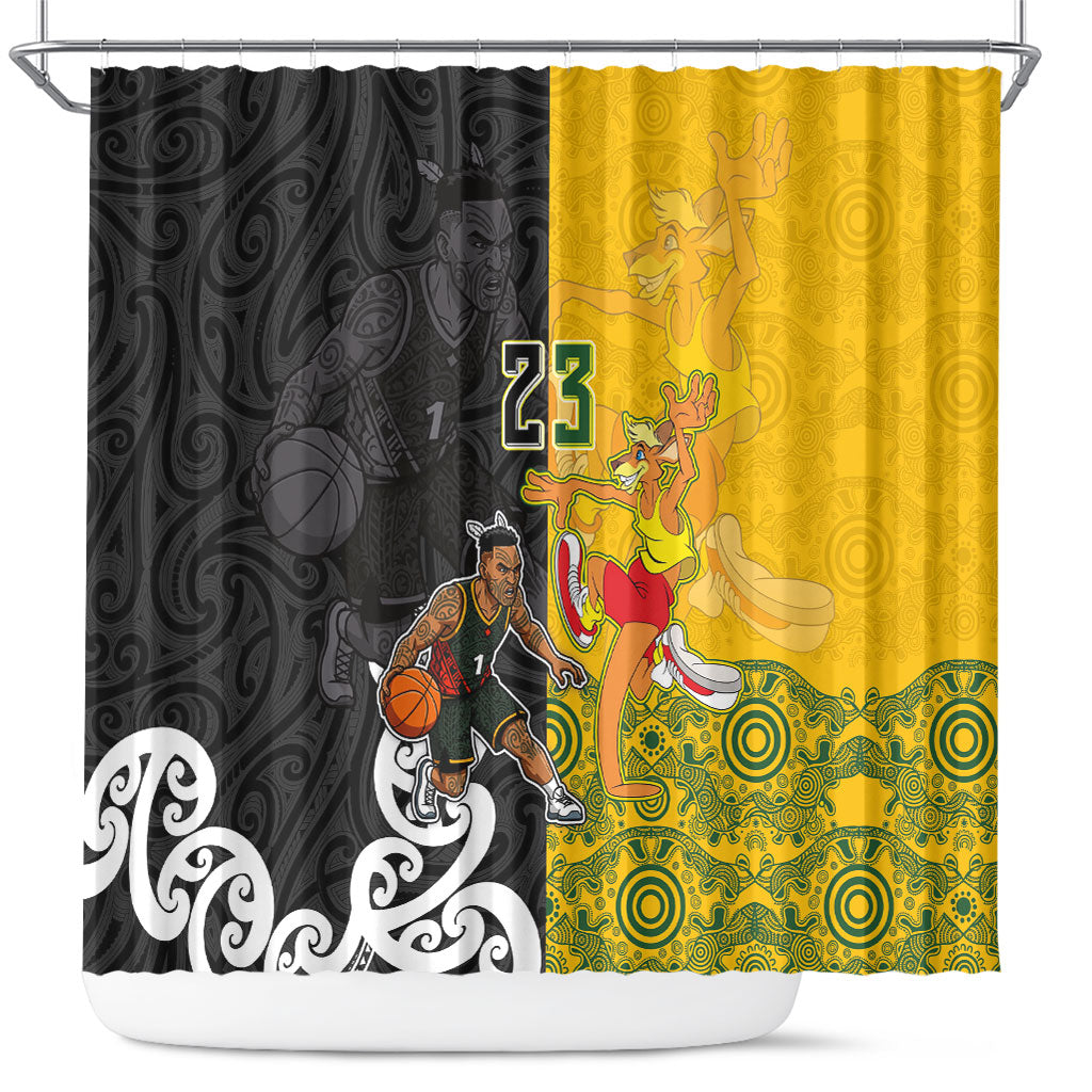 Aotearoa New Zealand And Australia Basketball Custom Shower Curtain Maori Tribal Tattoo And Aboriginal Dot Art Heritage LT03 Multicolor - Polynesian Pride
