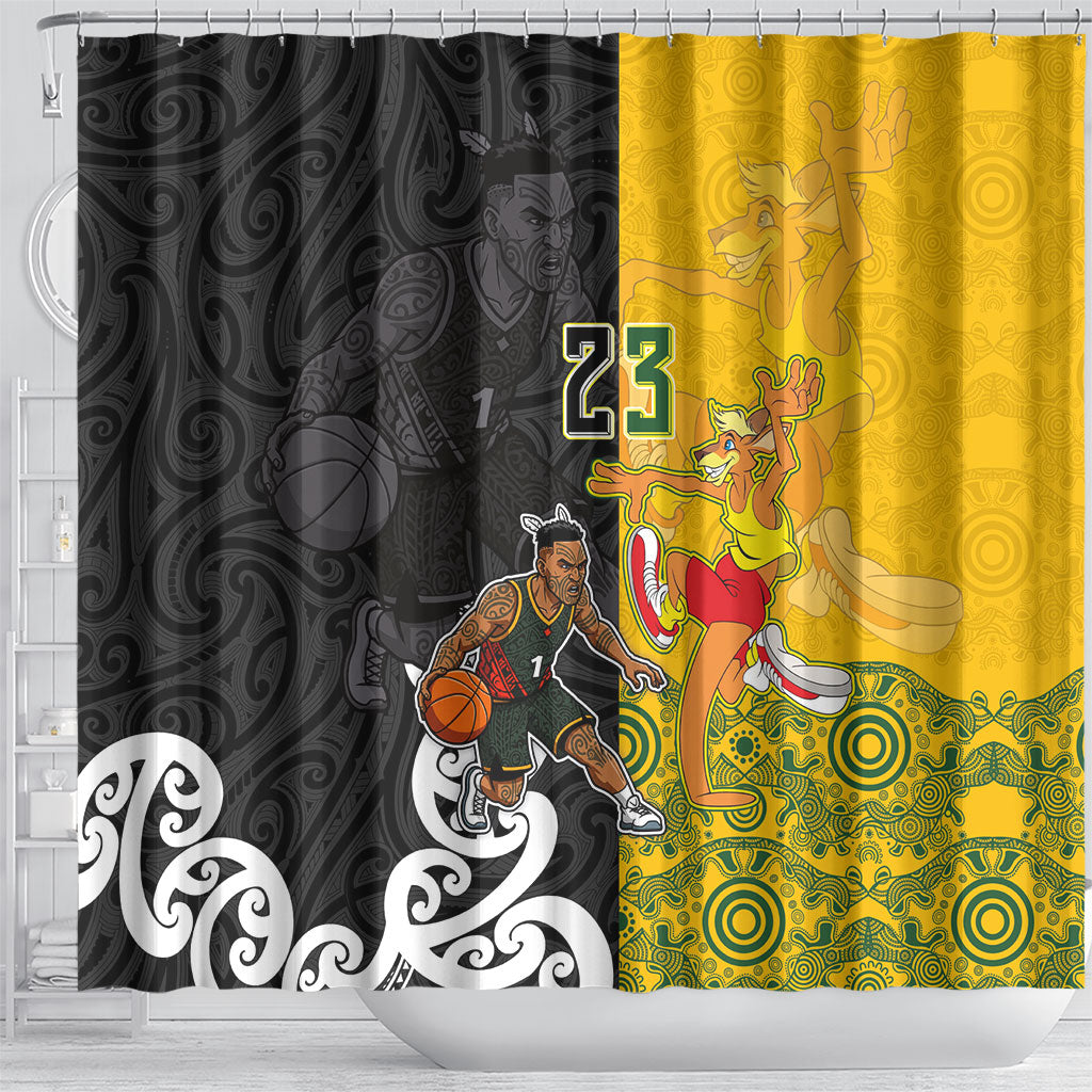 Aotearoa New Zealand And Australia Basketball Custom Shower Curtain Maori Tribal Tattoo And Aboriginal Dot Art Heritage LT03 - Polynesian Pride